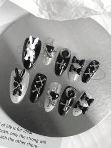 10 Pieces Of Long Almond-Shaped Toe Nails With Black And White Rabbit And Metal Bowknot, Handcrafted Fake Nails, Detachable And Reusable, Internet-Famous Popular Style, Suitable For Parties, Dances, Dates, With A Girlish Style, Including Jelly Glue, Nail Set KOQO - Nhiều màu 2 - Xem 2