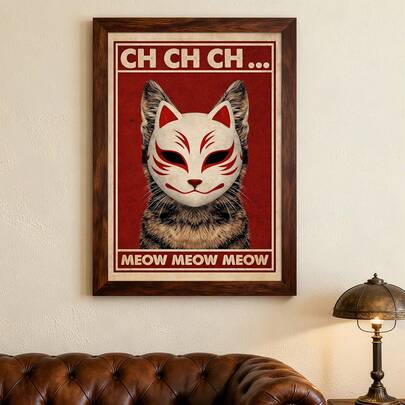 1pc Vintage Funny Horror Cat Kitsune Mask Wall Art Picture Ch Ch Ch Meow Funny Horror Movie Parody Canvas Print Paintings|Dark Humor Decor For Bedroom, Living Room Or Office Home Decor, Jason Hees Mask Cat Poster, Gift For Her, Unframed, Canvas Hanging Scroll Or Framed