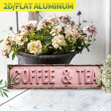 2D平面 - 1件 2D平面做旧边缘纹理“咖啡与茶”花卉复古金属墙饰 - 3.94 x 15.75 英寸，做旧字体，乡村风格墙饰，适用于家居、酒吧、咖啡馆、后院、门廊、浴室、花园、卧室、车库、洞穴装饰 - A - 查看 6