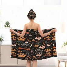 1/2 件套可爱狗狗爪印浴袍和干发巾套装，高吸水性，可穿戴式浴袍，含浴裙和浴帽，家用 - 彩色 - 查看 5