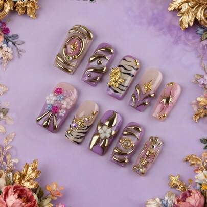Set de 10 uñas postizas, uñas con forma cuadrada, uñas medianas, uñas de primavera, estilo lindo, desmontables, adecuadas para fiestas, bailes, uso diario, fiestas de estudiantes, disfraces de trabajadores de oficina, se pueden pegar y reutilizar, con pegamento de gelatina y lima de uñas