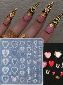 1pc Baroque Style Silicone Nail Mold, DIY Wedding Nail Template With 3D Heart & Butterfly Design, Suitable For Boho Nail Art, Reusable Nail Salon Supplies, Valentine's Day Nail Printing Tool - 清除 3 - 查看 1