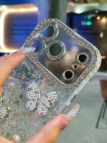 Pearl 3D Pearl Butterfly Apple 16 ProMax Phone Case, Elegant Lady Style 15 Pro High-End Rhinestone Mirror Frame 14 Plus Transparent Epoxy Women - White - View 6