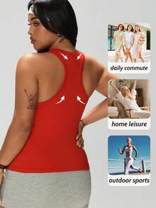 1pc Plus Size Women's Sports Tank Top, 2-In-1 Built-In Cup Racerback Tank Top, Slimming Workout Tank Top For Women - Red - View 2