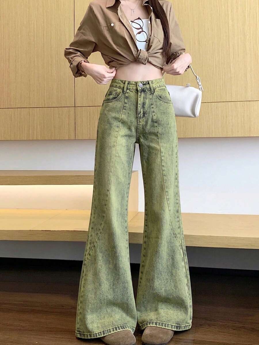 女士休闲宽松渐变水洗长腰阔腿牛仔裤，适合春秋季穿着 - 中等水洗藍 - 查看 1