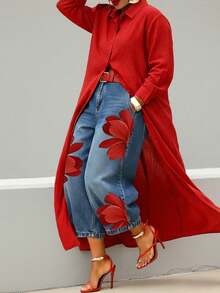 Women's Red Floral Print Cropped Jeans, Casual High-Waisted Wide-Leg Denim Jeans, Suitable For Spring, Summer And Autumn. - Blue - View 2