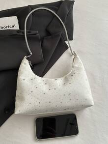 Nueva llegada Bolso de tela con estampado de estrella minimalista y elegante, cadena de metal, cierre con cremallera, capacidad pequeña y ligero, bolso de hombro casual para ir y venir - Blanco - Ver 5