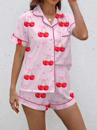 HOREA 2 Pieces Set Cute Cherry Gift Bow Print Women Sleepwear Set, Short Sleeve Lapel Crop Top And Elastic Waist Shorts, Casual Ladies Pajamas And Loungewear For All Seasons, Two Pieces Set