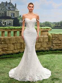 性感优雅仿珍珠亮片薄纱蕾丝美人鱼尾露背婚纱 - 白色 - 查看 2