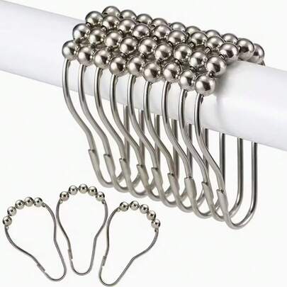12 móc treo rèm tắm bằng thép không gỉ có vòng bi, khóa cài rèm hình quả bầu, móc treo rèm cửa bằng kim loại năm hạt.