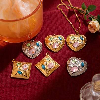 1/3pcs 304 Stainless Steel Vintage Heart/Square Pendant, Colorful CZ Inlay Charm, Durable DIY Jewelry Accessory For Necklaces & Bracelets