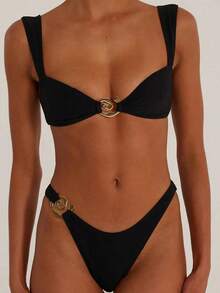 Bộ bikini nữ mùa hè đi biển, trang trí kim loại, màu đen. - màu đen - Xem 5