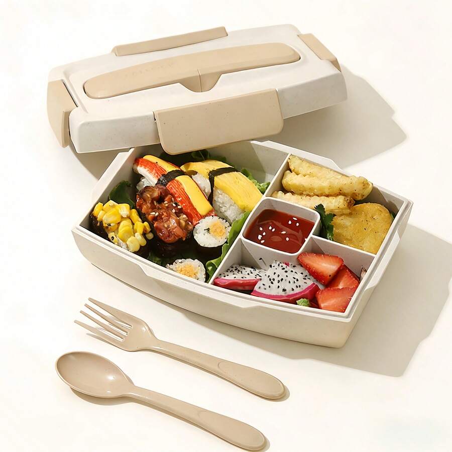 1pc Office Worker & Student Lunch Box, Plastic Compartment Bento Box, Microwave Lunch Container, Sealed Salad Box, Lunch Bag - View 1