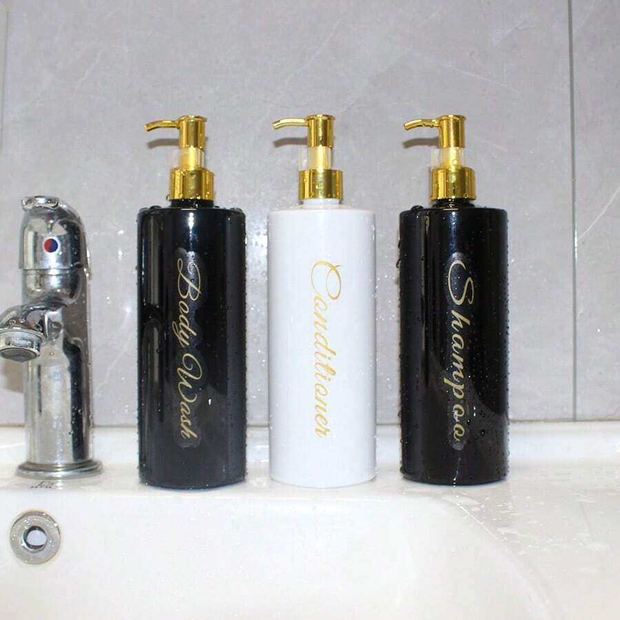 3/6pcs/500ml Bathroom Dispenser Bottles, Empty Containers For Shampoo, Body Wash, Conditioner, Refillable, Home Bathroom Decor, Autumn Decor, Back To School Decor, Plastic Refillable Soap Dispenser, Kitchen & Bathroom Storage, Empty Reusable Soap Lotion Shower Containers - Cylindrical White + Full Gold Pump - View 1