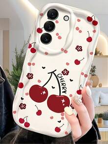 Creative Lucky Cherry Blossom Flower Print Wavy Edge Protective Phone Case Compatible With Samsung A14/A15/A16/A17/A04/A05/A06/A07/A54/A55/A56/A57/A34/A35/A36/A37/S26/S26Plus/S26Ultra/Transsion SMART 7/8/9/10/Honor 400/400Pro/200/200Pro/X7C/X8C/X9C/ 10C/13C - White - View 3