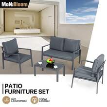 Patio Furniture Set Of 4, Heavy Duty Conversation Sets Outdoor Metal Table And Loveseat Chairs Set With Upholstered Seat And Pillows - 深灰色 - 查看 5