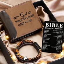 5 Styles Christian Gift Set For Men, PU Wallet & Cross Bracelet With Bible Emergency Numbers Card, Perfect For Birthday, Father's Day, Inspirational Religious Gift For Men - Brown - View 2