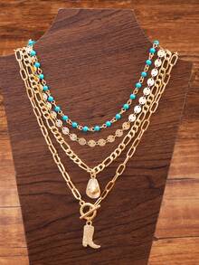 4pcs/Set Vintage Western Cowgirl Style Necklace Set, Gold Handmade Chain With Metal Cap And Boot Charm, Women Green Turquoise Necklace Fashion Jewelry, Suitable For Photo Shooting And Outdoor Travel, Women Western Jewelry - Multicolor - View 2