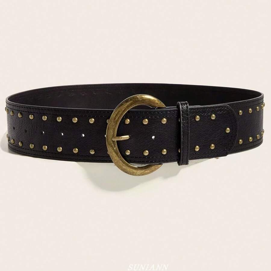 1pc Women's Dark Western Style Heavy Studded Wide Waist Belt - 黑色 - 查看 1