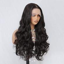 13x6蕾丝假发，黑色长卷发，女士假发，耐热丝绸材质，适合日常佩戴 - 黑色 - 查看 3