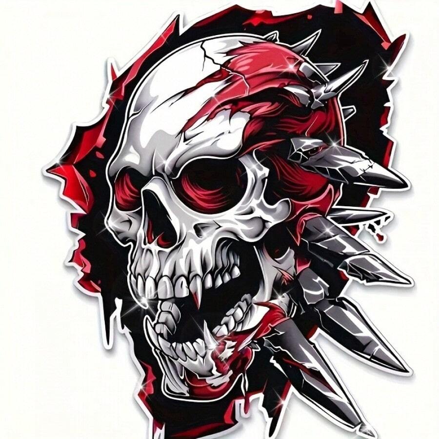 Gothic Skull Sticker - Horror Tattoo Style Design - Halloween Skeleton Pattern - Suitable For Cars, Trucks, Motorcycles, Tablets, Walls, Doors, Windows, Yachts, Fishing Boats - A - View 1