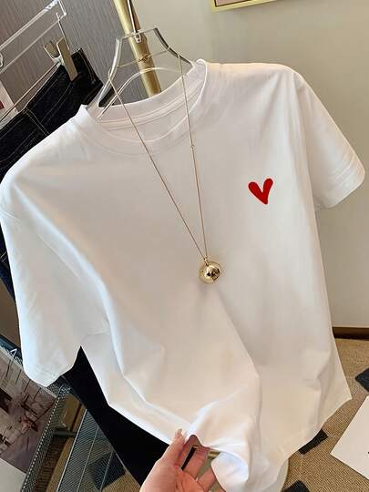 Camiseta Gráfica de Verano Y2K para Mujer - Top Holgado de Manga Corta con Estampado de Corazón Rojo, Ropa Casual Lavable a Máquina