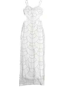 [Hot New Arrivals Spring/Summer 2026] Solid Color Spaghetti Straps Pearl Sequins Decoration Hollow Slit Elegant Slim Long Dresses Women Exquisite Ceremony Big Size Wedding Prom Party Spring - trắng - Xem 2