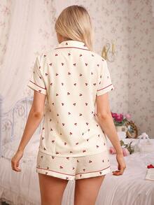 Cherry Print Pajama Set For Women, Sweet & Cute Lapel Button Up Top And Bow Short Shorts, Sleepwear & Loungewear - Apricot - View 2