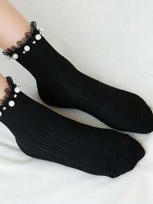 1pair Women Faux Pearl Decor Frill Trim Fashionable Crew Socks For Daily Life, Fall Socks - 黑色 - 查看 1