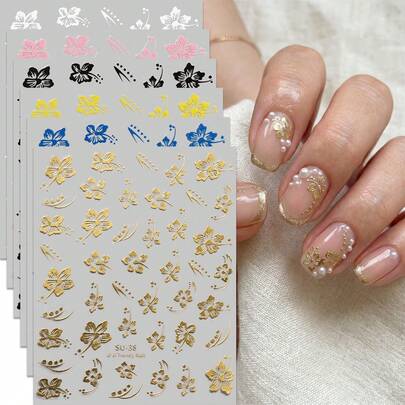 6pcs Hawaiian Hibiscus Flower Nail Art Stickers - Colorful Tropical Floral Nail Decals - 3D Textured Minimalist Vacation Style - For Spring/Summer, Music Festivals, Beach Weddings Nail DIY