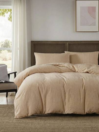 Bộ ga trải giường 2/3 món màu be kẻ sọc jacquard, bộ đồ giường bằng polyester kiểu dáng đơn giản, thời trang, mềm mại, thoáng khí, có thể giặt máy, phù hợp cho phòng ngủ, phòng khách, ký túc xá, cỡ Queen, King (1 ga trải giường + 1/2 vỏ gối, không kèm ruột chăn)
