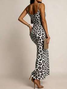 2026 New Arrival Leopard Print Elegant Sexy Knit Fabric Backless Spaghetti Strap Bodycon Midi Dress, Graceful Socialite Style For Beach, Vacation, Evening Date In Summer Party - Black and Gold - View 4