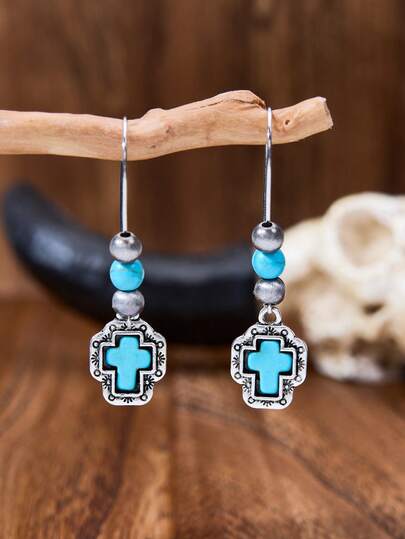 MONLOTTI 复古西部乡村风格创意新款串珠十字架吊坠耳环，波西米亚风吊坠耳环，女士牛仔服饰的时尚配饰，也是送给女士的礼物。