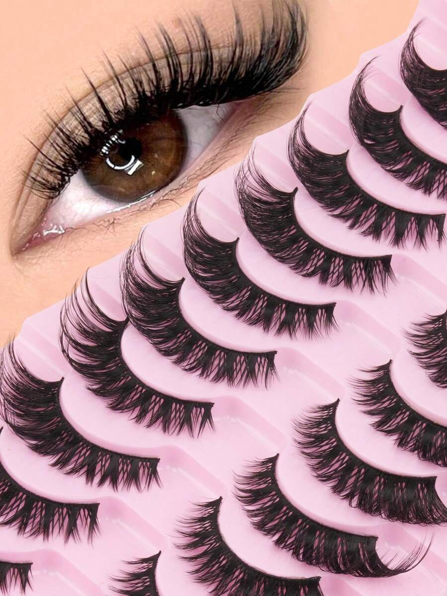 10 Pairs Cat-Eye False Eyelashes, Fluffy Layered Wispy Lashes With Realistic Mink Effect, Natural-Looking Extended Strip Lashes For Makeup, Parties, Festivals, Weddings, Halloween & Daily Glam - 黑色 - 查看 1
