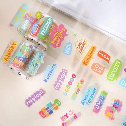 1 Cuộn băng dính PET cắt sẵn, Bộ sưu tập Dopamine Weekly Series với chữ tiếng Anh tối giản và hình minh họa vẽ tay, nhãn dán dễ bóc, thích hợp cho sổ lưu niệm, máy tính xách tay, cốc, trang trí DIY, vật dụng cần thiết cho mùa tựu trường.