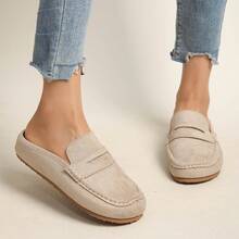 Preppy Style Patchwork Office Lady Fashion Versatile New Plus Size Women Shoes, Backless Flat Soft Bottom Comfortable Shoes For Spring & Autumn - Khaki - View 6