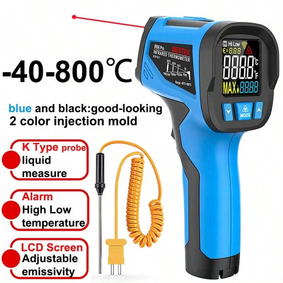 Termómetro digital infrarrojo Mestek Pistola de temperatura con láser Termómetro de temperatura sin contacto de alta temperatura Medidor de humedad infrarrojo, Rango: -50°C a 800°C