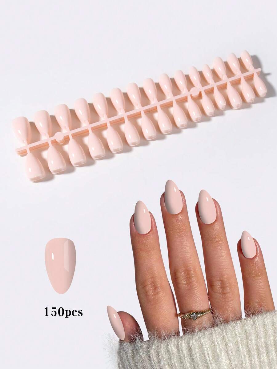 150片（5套）杏仁形短指甲贴纸，亚克力材质，中等长度，带胶贴和指甲锉，适合女性和女孩日常佩戴、工作、聚会及各种场合。 - 杏色 - 查看 1