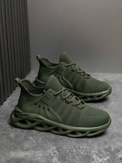 Zapatillas deportivas casuales de malla de punto verde oliva para hombre, de uso versátil diario, con suela hueca cómoda y elevada para deportes y exteriores