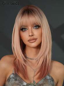 Ombre Peach Blonde Layered Wig With Bangs For Women 18 Inch Elegant Shoulder Length Straight Wig With Peach Pink Blonde Ends Dark Roots, Natural Looking Soft Heat Resistant Fluffy Glueless Synthetic Fiber Wig For Daily Wear, Beginners Wigs Accessories, Mother's Day Gifts - 漸層粉紅色 - 查看 1