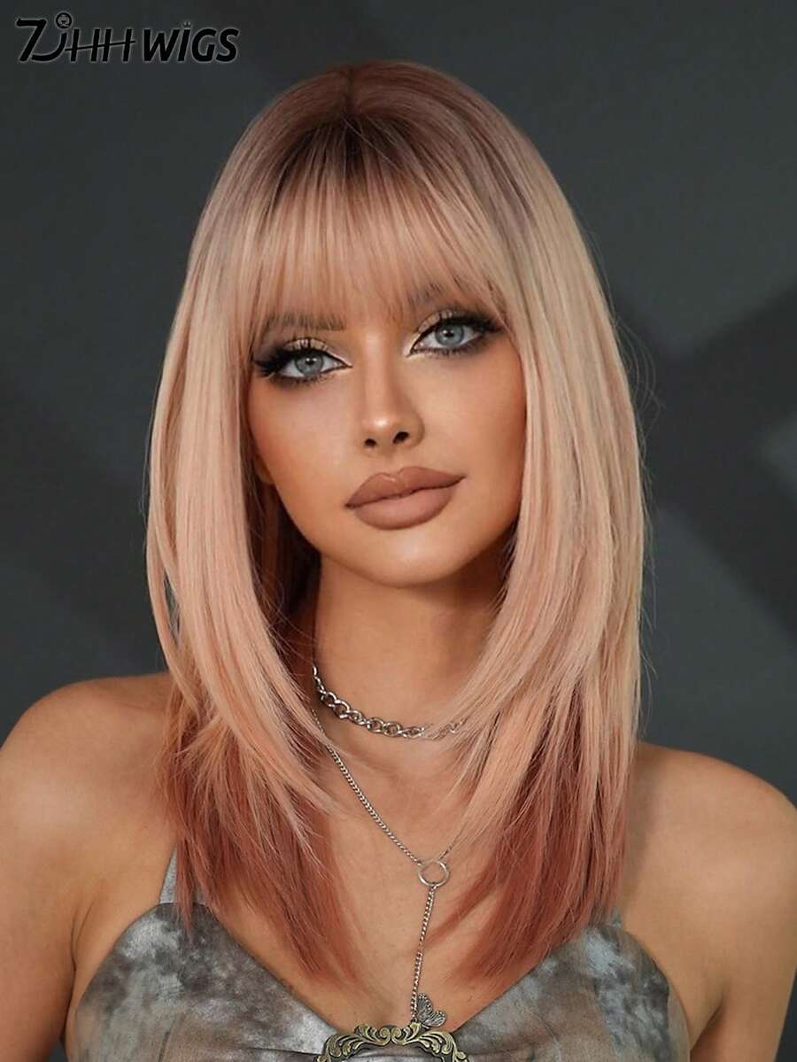 Ombre Peach Blonde Layered Wig With Bangs For Women 18 Inch Elegant Shoulder Length Straight Wig With Peach Pink Blonde Ends Dark Roots, Natural Looking Soft Heat Resistant Fluffy Glueless Synthetic Fiber Wig For Daily Wear, Beginners Wigs Accessories, Mother's Day Gifts - 漸層粉紅色 - 查看 1