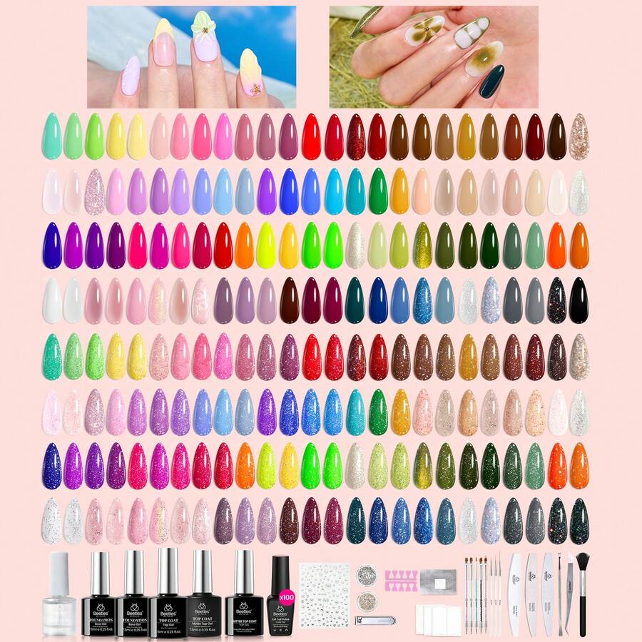 BEETLES 133 Pcs 100 Colors 5ML Gel Nail Polish Kit , All Seasons Soak Off Gel Set With Base Coat, Matte & Glossy Top Coat, Complete Nail Art Supplies Gift For Women Girls Teens - 133 Pcs 100 Colors Gel Polish - 查看 1