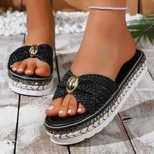 2026新款波西米亚风编织厚底休闲凉鞋，适合海滩穿着 - 黑色搭扣 - 查看 15