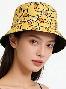 1顶双面女士时尚鸭子印花渔夫帽，可爱户外配饰，适合沙滩、旅行 - 黃色 - 查看 3