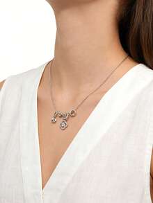 1件装女士重型铜镶嵌锆石四叶草简约时尚精致项链 - 銀色 - 查看 3