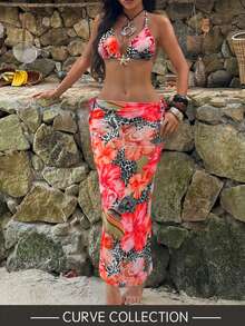 3pcs Plus Size Leopard Print Patchwork Sexy Swimwear Set, Metal Starfish Decor, Removable Swimwear Pads, Women Summer Dress, Holiday Outfit, Dress, Ibiza Clothing, Women Swimwear, Bikini Set, Ladies Swimwear, Beach Wear, Holiday Set - Multicolor - View 2
