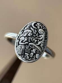 Anillo plateado de plata | Anillo de oruga tallado vintage | Joyería apilable exagerada - Plateado - Ver 3