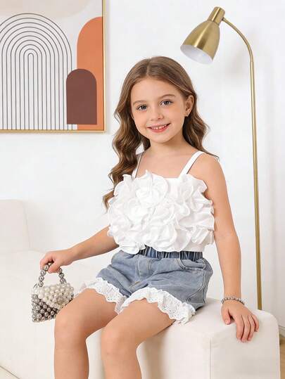 Girls' Summer Sweet & Elegant Denim Shorts Set, Solid Color 3D Floral Camisole Top + Lace Trim Denim Shorts, Casual 2-Piece Outfit