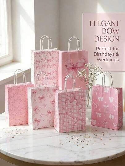 12pcs Pink Plaid Bow Paper Gift Bags, Suitable For Cute Style Birthday Party, Baby Shower, Wedding, Ladies Afternoon Tea Gathering, Cute Pink Small Gift Bags, Kitchen Packaging Supplies, Celebration Party Decor Bags, Outdoor Picnic Gift Plastic Bags, Mother's Day And Other Occasions