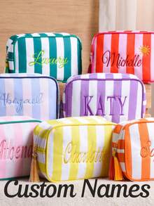 Personalized Embroidered Name Cosmetic Bag, Single Initial Striped Tassel Toiletry Bag, Travel Makeup Storage Pouch, Bridesmaid Gift, Gift For Her - Multicolor - View 2